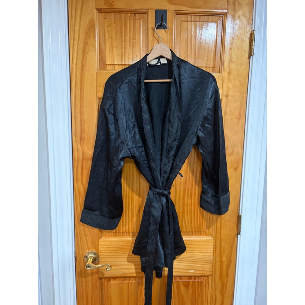 Victoria’s Secret Gold Label Black Satin Wrap Robe Tie Waist One Size
